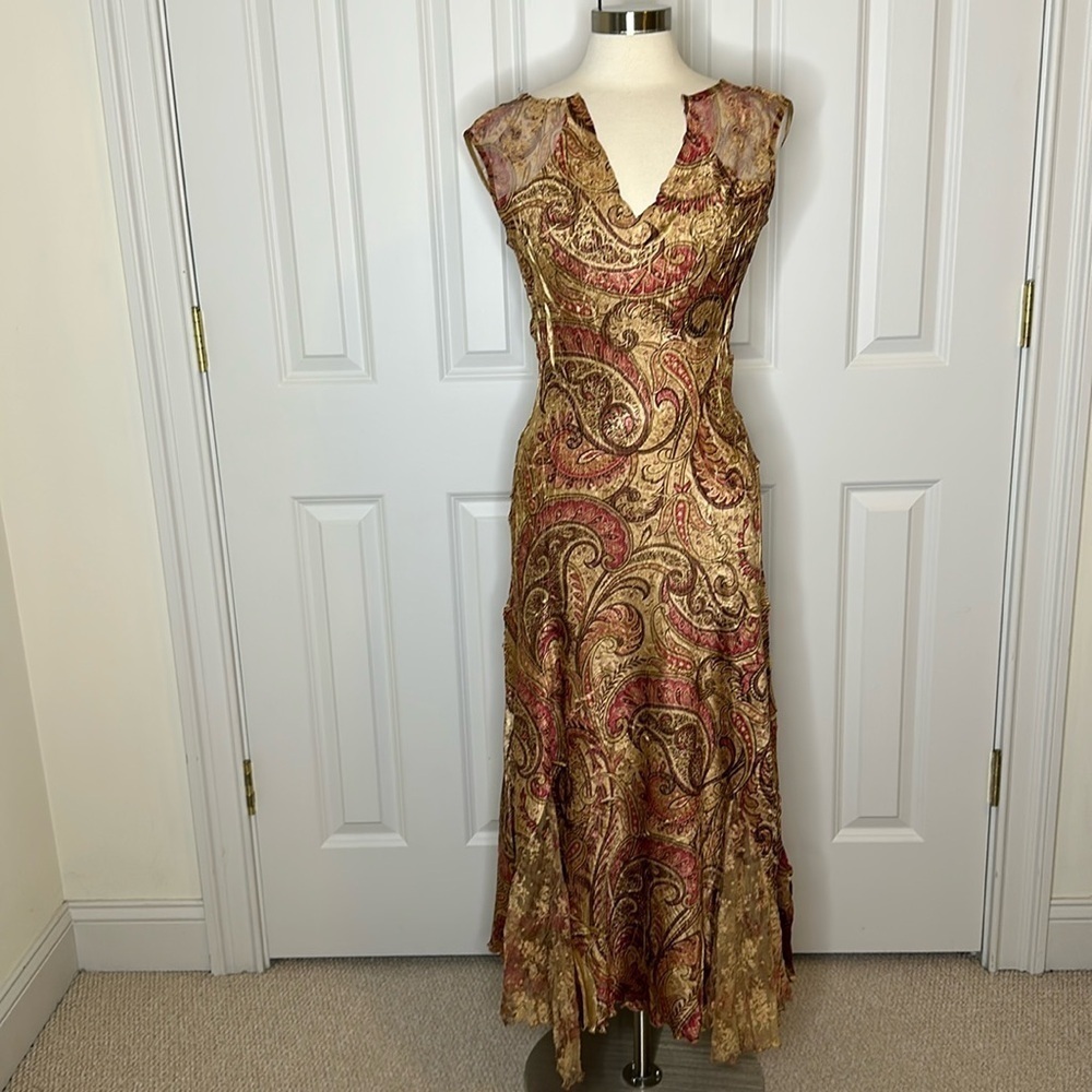 Komarov Gold Paisley Lace Detail Long Dress SzL - Picture 2 of 12